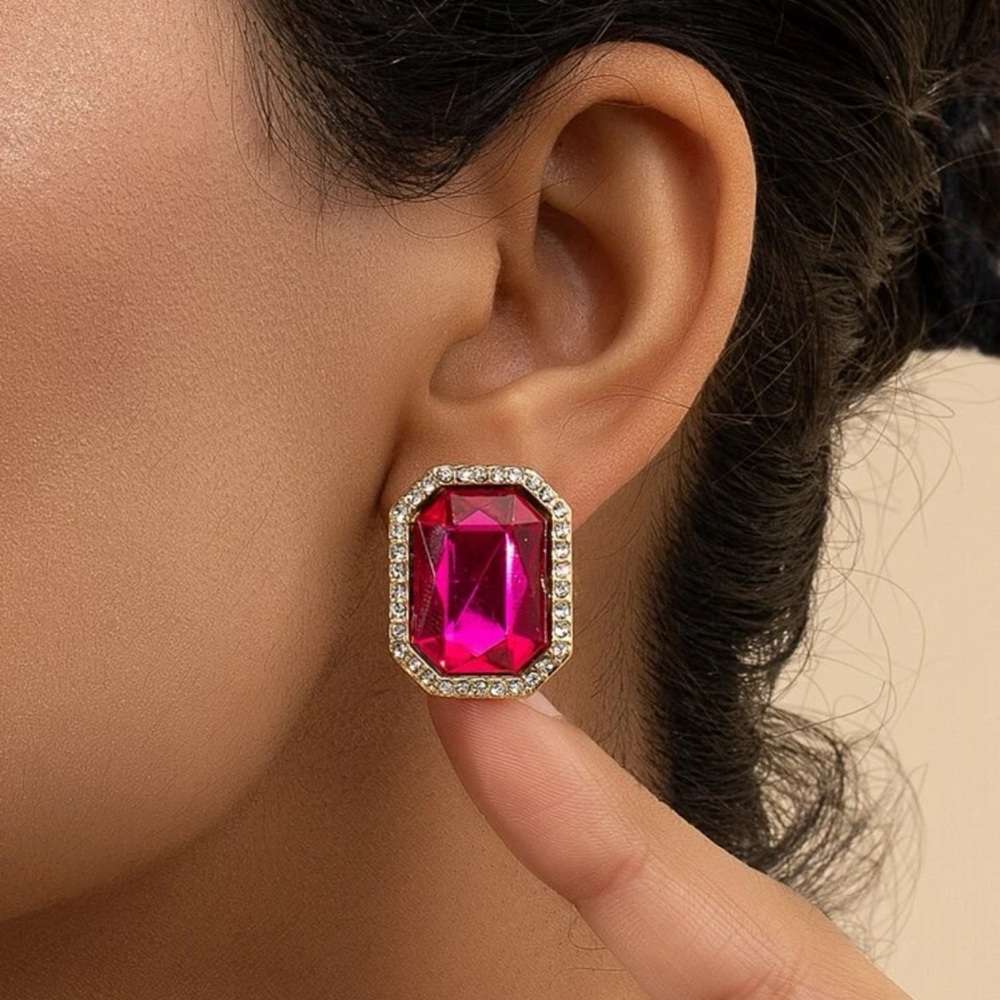 Hot Pink Crystal Halo Earrings – Gold Tone Statement Studs